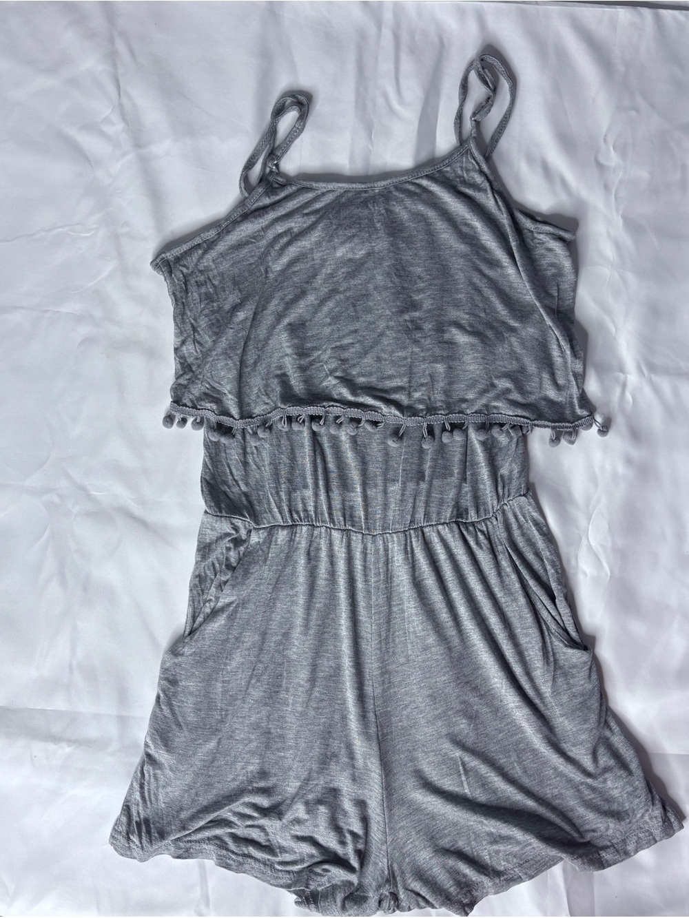 Source Unknown Gray Pom-Trim Sleeveless Romper